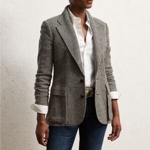 Womens Grey Herringbone Wool-Blend Blazer